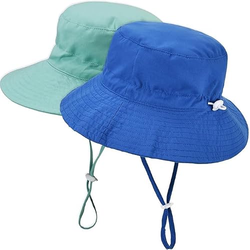 Baby Sun Hat Adjustable – 2pcs Toddler Kids Wide Brim Bucket UPF 50+ Summer Play Hat with Chin Strap