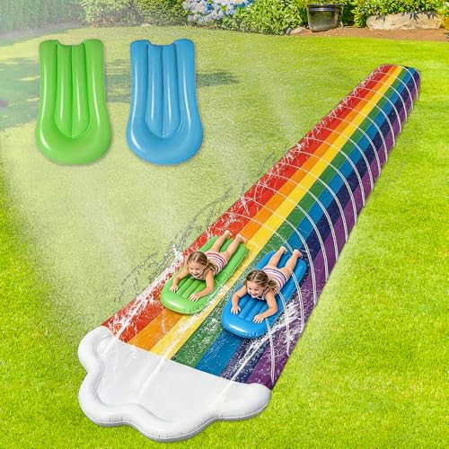 SKIKHN Water Slide,15.7ft/480CM Slip and Slide with 2Surfboard 5Repair Patch,Double Lane Inflatable Water Slides for Kids with Sprinkler,Lawn Waterslides Water Toys for Outdoor Water Play Activities