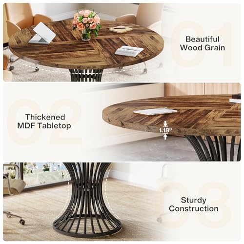 Tribesigns Round Conference Table for 4-6, 47-Inch Conference Room Table with Thickened Tabletop and Metal Base, Industrial Meeting Table for Office Meeting Room, Rustic Brown - Thumbnail 6