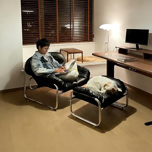 Upholstered Leather Single Sofa with Ottoman, Stylish Lazy Chair for Living Room, Bedroom & Dorm, Durable Metal Legs, Comfort & Modern Design (Without Footstool, C)