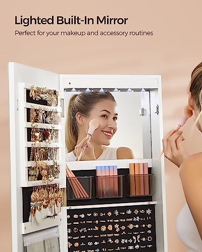 SONGMICS LED Jewelry Cabinet Standing, Lockable Armoire With Full-Length Mirror and Adjustable Lights, Space-Saving Organizer, Gift Idea, Cloud White UJJC008W01 - Thumbnail 7