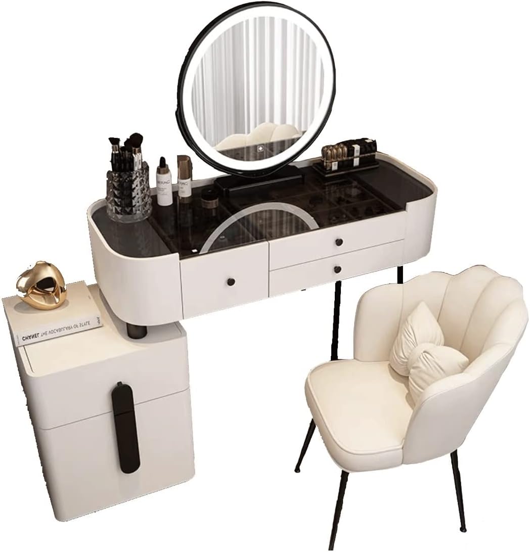 Dressing Table - with 3 Colors Led Hd Mirror,Comfortable Stool Drawers Cabinet,Modern Simple Style,for Girl's Gift (Size : 100cm) ()