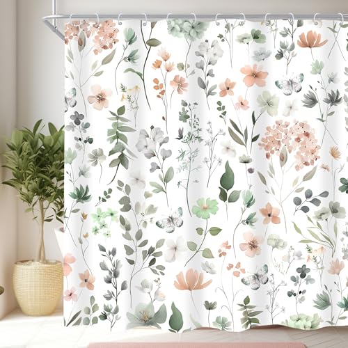 Cinbloo Cute Floral Shower Curtain Sage Green Flower Fabric Bathroom Curtains Wildflower Spring Summer Butterfly Plants Leaves Botanical Women Girls Girly Cloth Shower Curtain Set with Hooks 72Wx72H