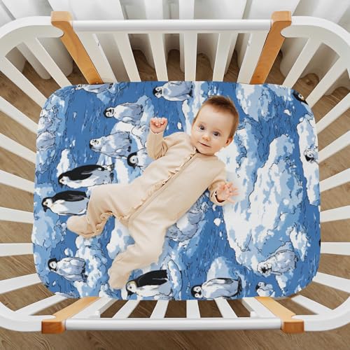 Image of Crib Sheet Breathable Soft Crib Mattress Sheet for Baby Toddler Boys Girls Fitted Crib Sheet Fit Standard Crib Mattress 52 x 28 Inch Blue Penguins Ice Floes Snow Water