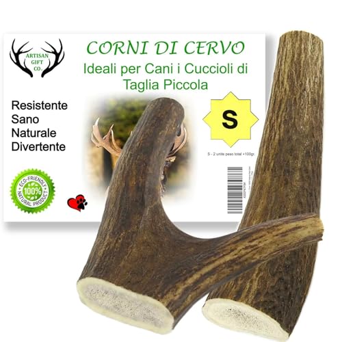 ARTISAN GIFT CO Corno di Cervo per Cani, Osso per cani da Masticare 100% Naturale, peso minimo Confezione 100gr. (S - 2 pz.)