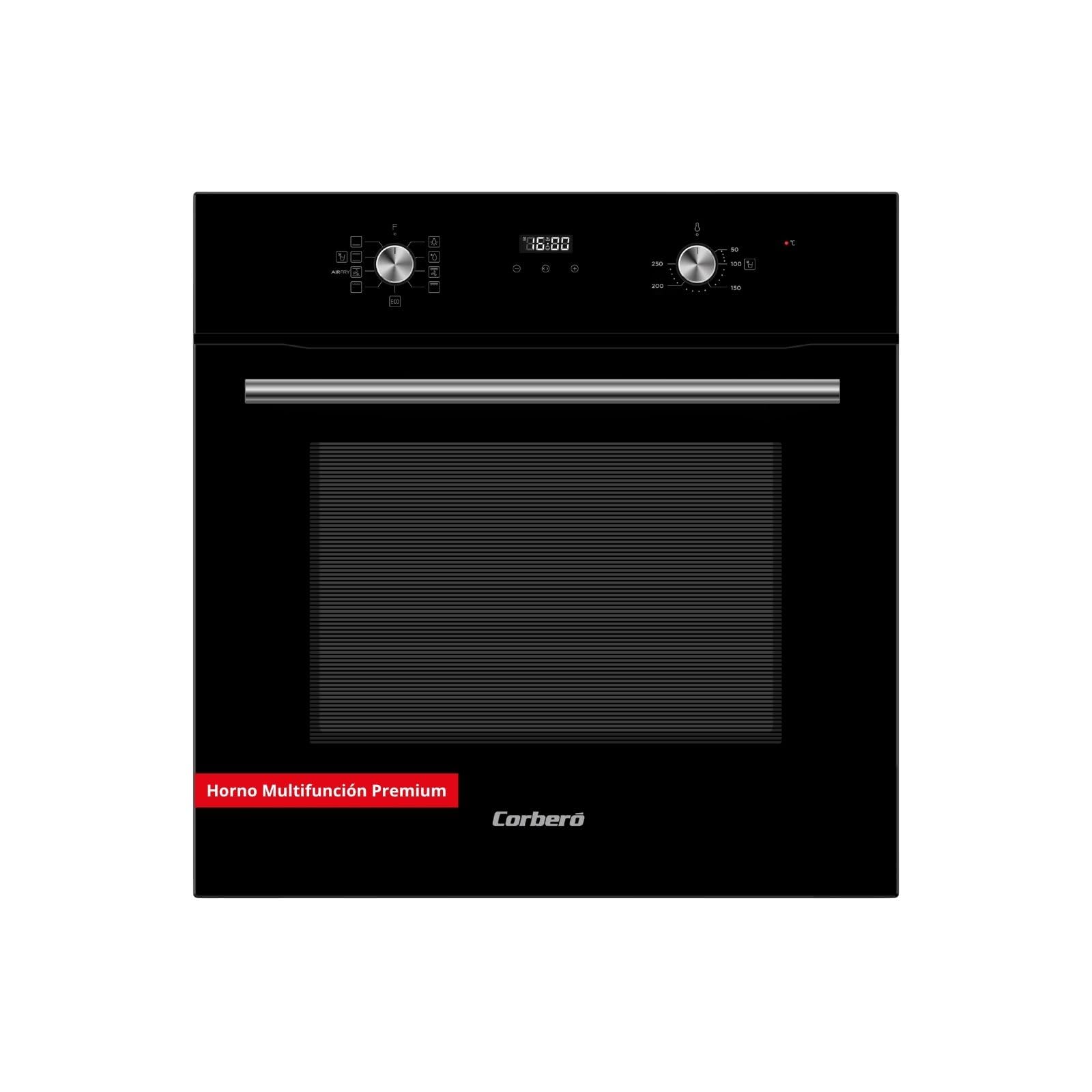 Corberó - Horno Multifunción Premium Airfry | CCHMT905N | 70L | Hidrólisis | 8 Programas | Guías Extraíbles | Mandos Push-Pull| Display táctil |3000W | Desconexión Automática | Cristal Negro