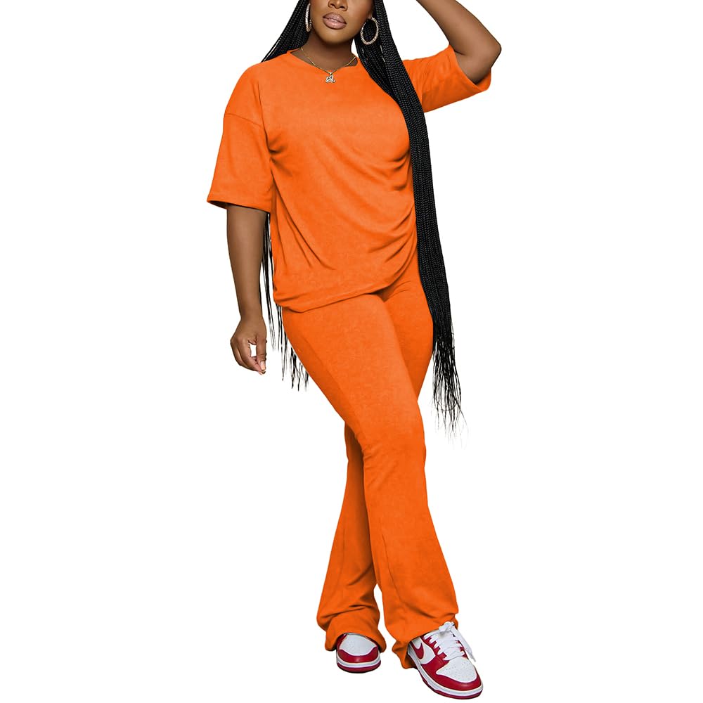 PINSV Women 2 Piece Outfits Short Sleeve Top and Flare Pants Lounge Sets Tracksuit