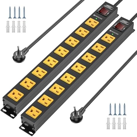 CRST 2 Pack 8 Outlet Metal Heavy Duty Power Strip with Switch, 2100J Surge Protector, Mountable Wide Spaced Workshop Garage Power Strip, 6 FT 14AWG, 15A/1875W Cover
