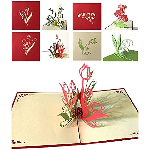Sunne Tropical 4 Cards Pack 3D Pop Up Flower Card 4.75 Inch Greeting Card - Wedding Invitation All Occasion Blank Notecards - Tropical Flowers Phalaenopsis Bellflower (Tulip/Orchids) Cover