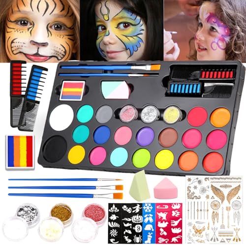 Pintura Cara Niños,27 Colores Pintacaras Infantil con 36 Plantillas 2 Pinceles,No Tóxico,Lavable,para Halloween Fiestas Cosplay Semana Santa