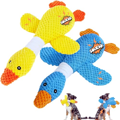 BEGA PET Blue & Yellow Duck Dog Toys - 2 in 1 Pack Upgraded Goose Indestructible Dog Toys for Aggressive Chewers Small Medium Large Breed, Crinkle Squeaky Tough Dog Chew for Teething, Puppy Toy
