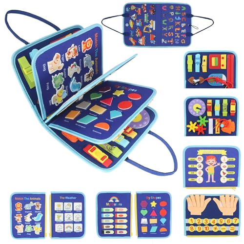 Image of Busy Board Montessori Toy for 1 2 3 4 Years Old,Educational Activity Sensory Board Preschool Learning Fine Motor Skills Toys,Toddler Travel Toy for Plane Car(Blue Vehicle)