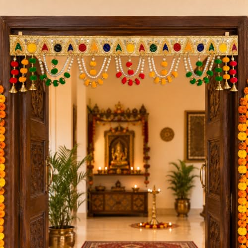 Image of ONESTA Handcrafted Mirror Work Door Toran Bandhanwar with Pearl Chains Pom Pom Tassels & Golden Bells | Traditional Main Door Hanging for Diwali Pooja Temple Home Entrance & Festive Decoration 3Feet (Size 36 Inch Pack 01)