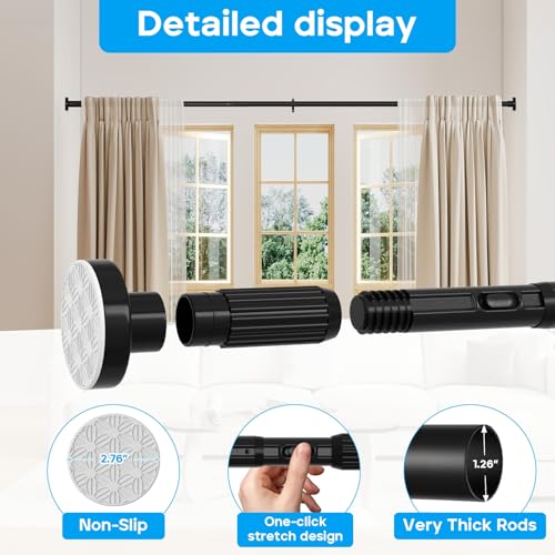 Image of Tension Curtain Rod,40-67.7IN(3.33-5.64Ft) One-Click Fast Extension Rod Easy to Install Black Long Outdoor Curtain Rods No Drilling Never Rust for Window or Shower Patio Diameter 1.26 Inches