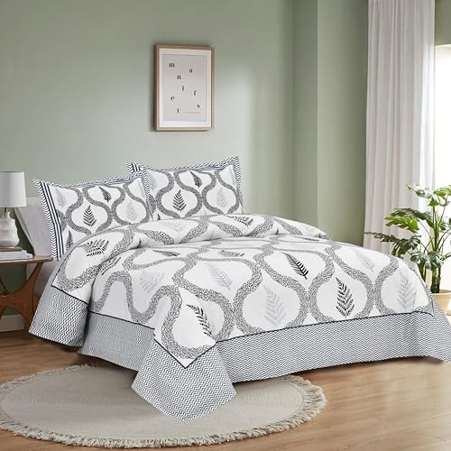 Image of King Size Cotton Bedsheet | 300 TC | 100% Cotton Flatsheet King Size with Two Pillow Covers | (254 * 274 cm, Grey White)