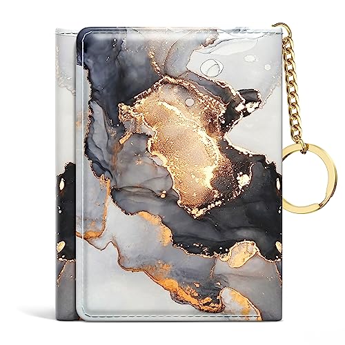 Image of Rouidr Womens Wallet, Small Slim RFID Card Wallets for Women, Cute Front Pocket Trifold Leather Card Organizer with 7 Slots & ID Window, Black Gray Gold Marble