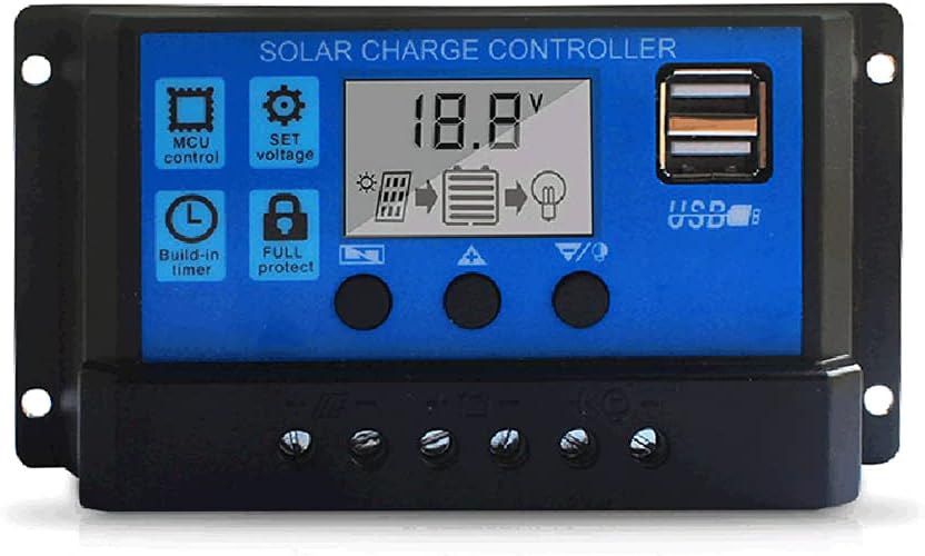 Morelian 10A Solar Charge Controller, Upgraded Solar Panel USB Port Solar Panel Battery Intelligent Regulator, Multi-Function Adjustable LCD Display Street Light Controller