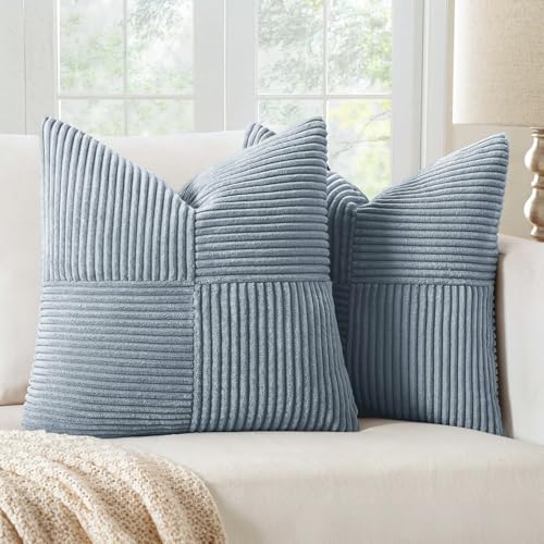 Image of MIULEE Coastal Dustyblue Decorative Throw Pillow Covers 18x18 Inch for Couch Bed Sofa Pack of 2 Summer Boho Farmhouse Throw Pillows Soft Cross Corduroy Patchwork Textured Cushion Cases