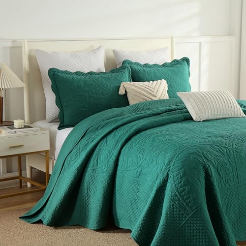 MarCielo 3-Piece 100% Cotton Oversized Bedspread Lightweight Quilt Coverlet Embroidery Farmhouse Bedding Set T0 (Emerald, Oversized Queen (100"x106"))
