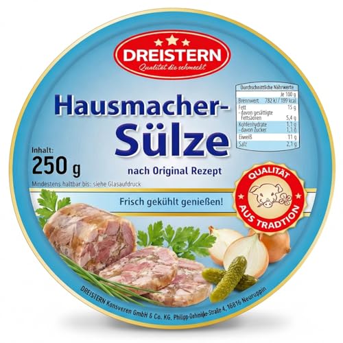 Dreistern Hausmacher-Sülze 250g – Herzhaftes Schweinefleisch in feinem Aspik – Traditionelle Fleischkonserve der Top Marke 2025 – Lange haltbar & Ideal für die rustikale Brotzeit