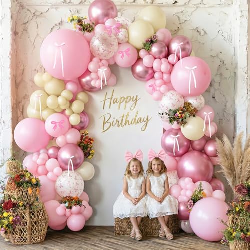 Image of Pink Bow Balloons, 60PCS Double Stuffed Pearl White Light Pink Balloon, 12 Inch Pastel Pink White Bow Printed Balloons with Ribbon for Girls Birthday Baby Shower Wedding Coquette Party Decorations