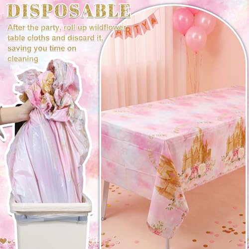Image of 3 Pack Princess Tablecloths, 54 x 108 Inch Disposable Pink Rose Castle Themed Table Cloth Waterproof Pink Tablecloth Rectangle Birthday Party Table Cover for Girls Birthday Baby Shower Party Supplies