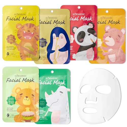 6 Piezas Mascarillas Faciales Animales con Dibujos animados Estampados, Mascarilla Facial Hidratante, Regalo para Chicas y Mujeres, Mascarilla de Tela Suave para el Cuidado Diario de la Piel