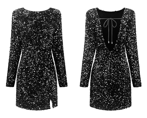 Image of R.Vivimos Women's Sequin Bodycon Dress Fall Winter Velvet Warm Long Sleeve Crew Neck Sexy Backless Glitter Slit Mini Dress