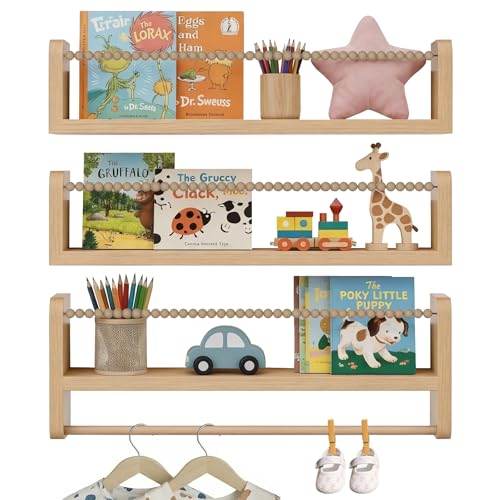 BunteHunde 3 Pack Wooden Wall Mounted Nursery Shelves 15 Inch Floating Kids Bookshelf Children Book Display Shelves for Baby Bedroom Living Room Playroom Kindergarten (Wood)