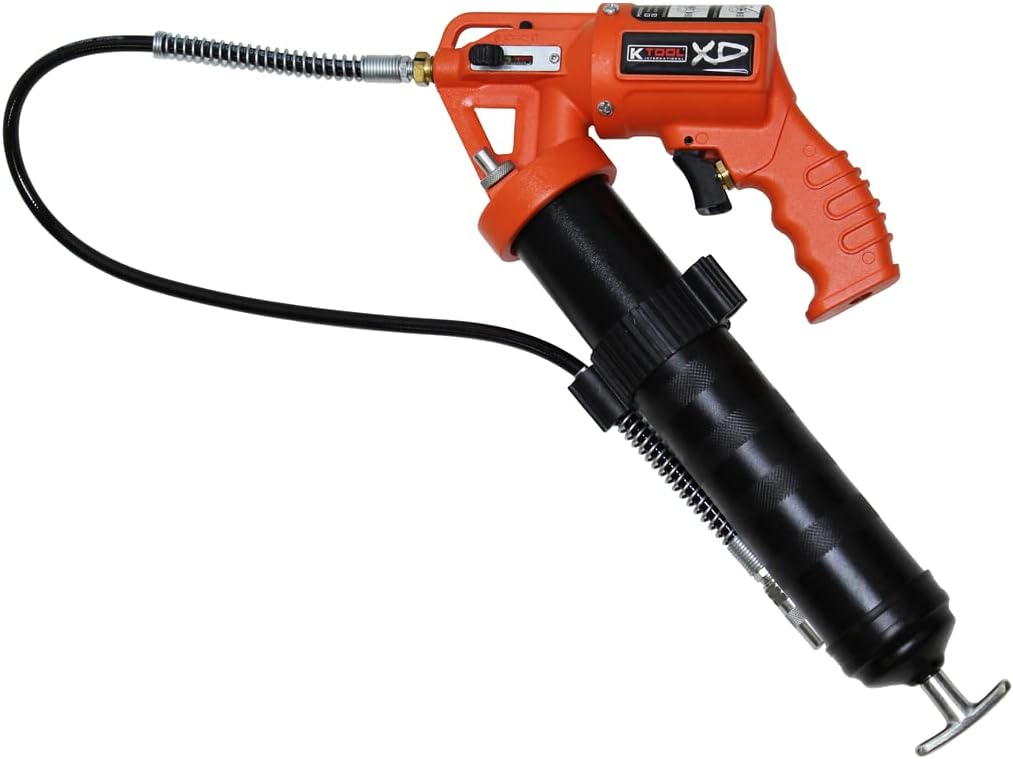 K Tool International XD73901 Pneumatic Pistol Grip Grease Gun for Garages, Repair Shops and DIY, Dual Mode, Ergonomic Angled Design, 30" Hose and Coupler, 14oz Bulk Loader w/Air Bleeder, Black/Orange