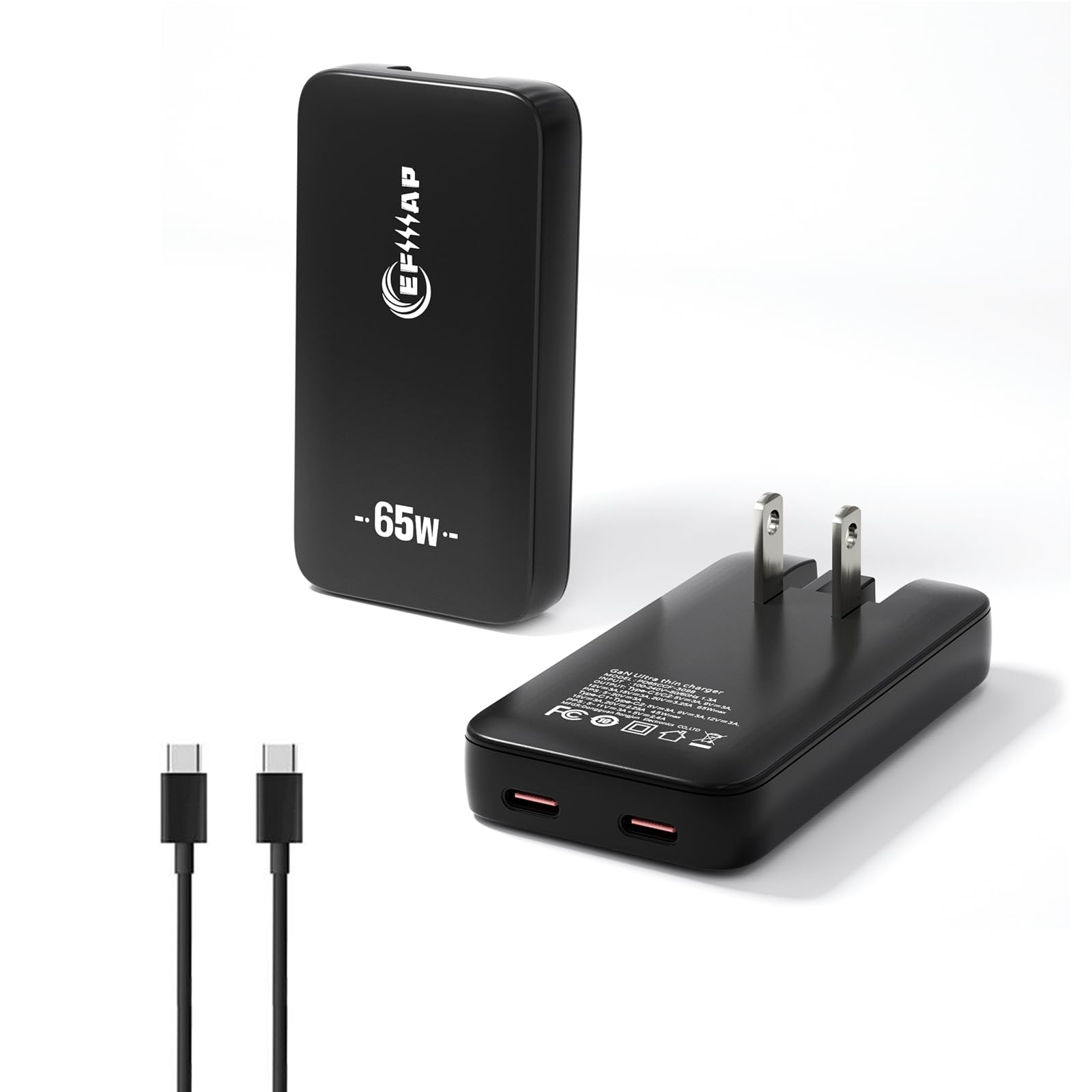 Flat Dual-Port USB C Wall Charger,65W USB-C Charger Fast Charging with Foldable Plug for iPhone 16/15, Pro Max/Samsung Galaxy Models,Includes 2.28ft Fast Charging Cable (Black(Cable))