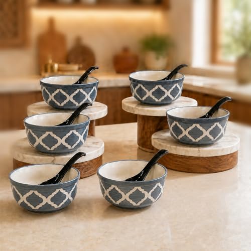 Image of The Earth Store Ceramic Bowl Set of 6 with Spoon, 300ML | Grey Moroccan Ceramic Bowl Set |Microwave & Dishwasher Safe Stylish Snack Bowl Set for Home, Office & Gifting