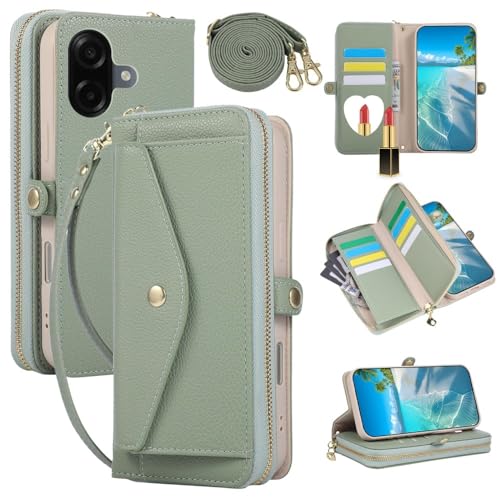 Étui portefeuille Samsung Galaxy A57 5G coque verte bandoulière housse cuir fermeture éclair
