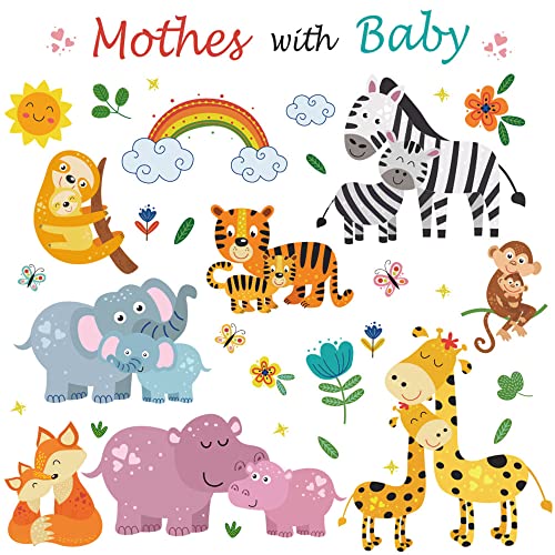 Supzone Jungle Animal Wall Decals Cartoon Animal Mother With Baby Wall Stickers Elephant Giraffe Monkey Wall Sticker For Kids Baby Nursery Playroom Bedroom Girls Boy Room Wall Decor #TOP17