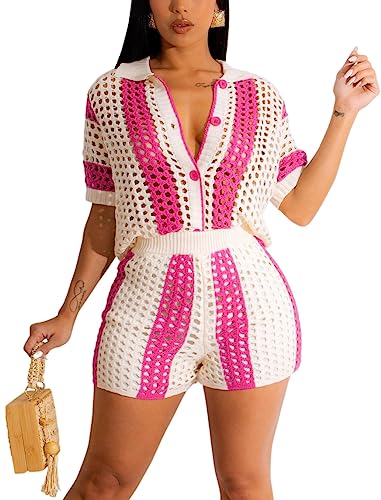 cu4eve Summer Crochet Sets Two Piece Women Sexy Knit Lounge