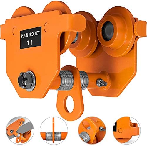 OrangeA Heavy Duty Manual 2200LBS Capacity Plain 1 Ton Push Track Roller Trolley Crane Lift Dual Wheels Garage Hoist for Straight Curved I Beam