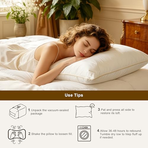 Image of Goose Feather Down Pillows, 600T Cotton Cover, Supportive, Queen Size 1pc | Pillows for Side and Back Sleepers, Best Pillow for Neck Pain, Hotel Collection Bed Pillows, Soft but Supportive Down Pillows