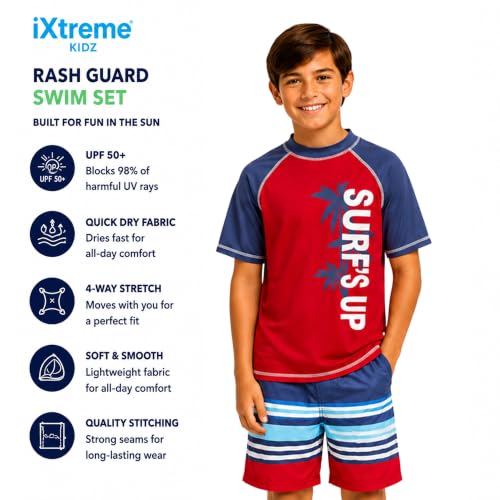 Image of iXtreme Boys Swim Set - 2 Piece Rash Guard Short Sleeve Swim Shirt and Boys Swim Trunks for Infants Toddlers & Big Boys