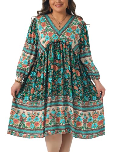 Image of Agnes Orinda Plus Size Summer Dress for Women Casual Boho Floral V Neck 3 /4 Sleeve Midi Short Beach Dress