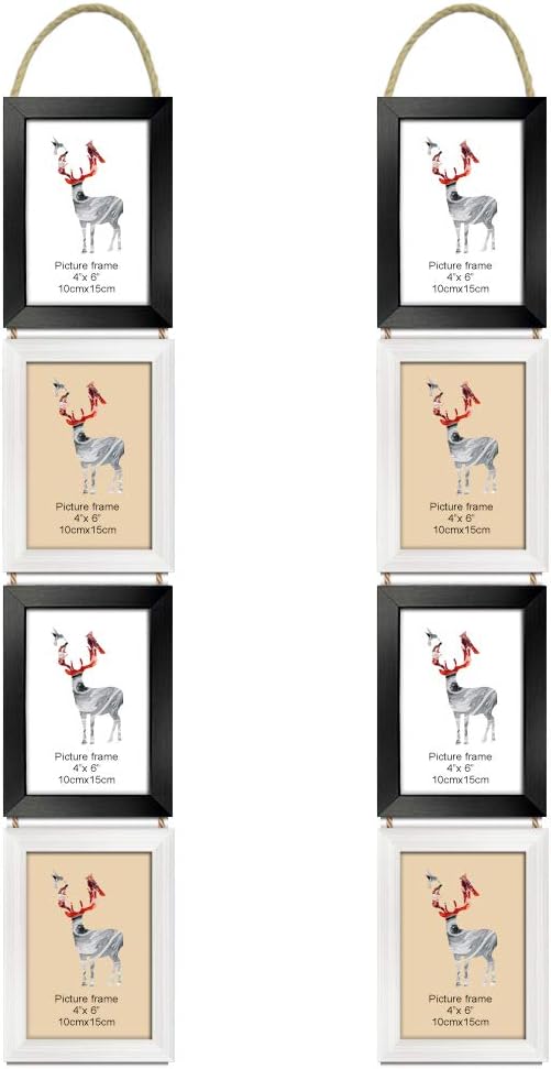 EYMPEU 4x6 Hanging Picture Frames Collage 2 Pack with 8 Openings, Vertical Display Rustic Rope Photo Collage Frame Set for Family Wall Decor, Black and White