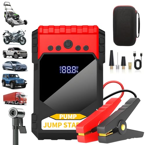 Vehplstrt Jump Starter with Air Compressor, 6000A Car Battery Jumper Starter (10.0 Gas/8.0L Diesel), 12V Jump Starter Battery Pack, Portable Jump Box with LED Display, Flashlight and Jumper Cable
