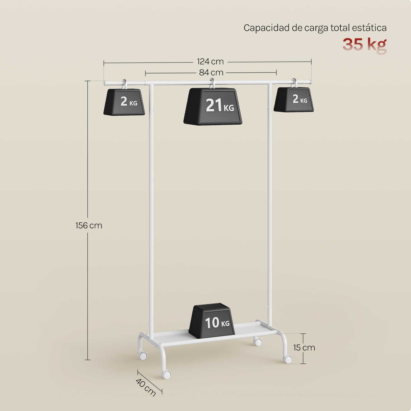 WOLTU Perchero Burro Ropa, Perchero de Pie con Ruedas, Barra Extansible y Estente de Almacenaje de Tela Oxford, Metal, Capacidad 70 kg, (84-124) x40x156 cm, para Dormitorio y Entrada, Blanco