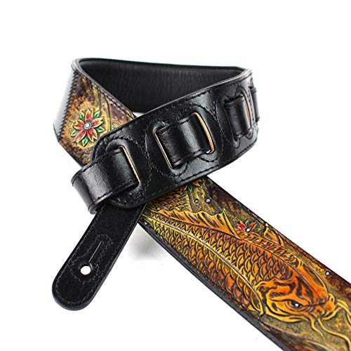 Walker And Williams Kb-23 Skinny Series 2" Wide Black & Umber Brown Premium Carved Grain Leather Padded Guitar Strap With Tooled Koi Fish Design #TOP1