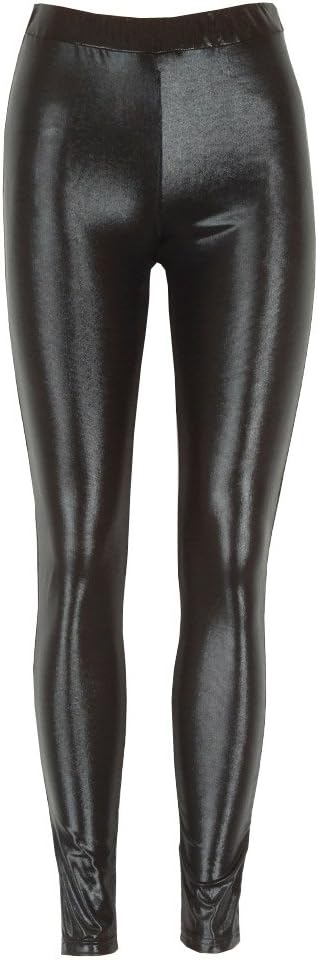 Womens Ladies American Foil Shiny leggings Disco Stretch PVC Pants Wet Look 80s Small Medium Large 8 10 12 14 (S/M (8-10), Black)