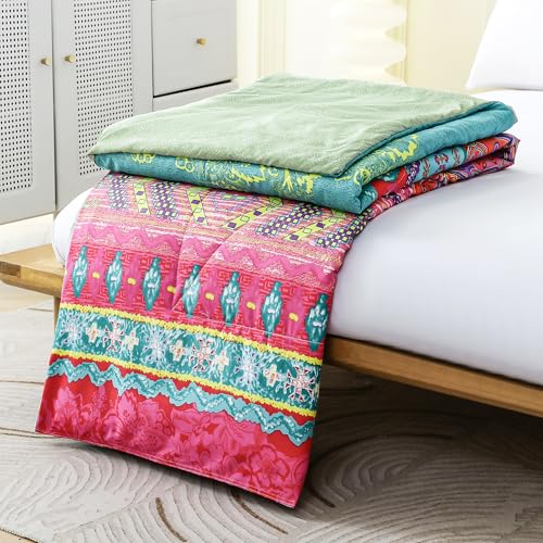 Image of Ac Comforter Single Bed Boho with Satin Finish 240 GSM - Reversible AC Comforter - Purple & Orange, Motif Comforter Quilt Duvet Dohar Blanket for Summer 150 X 225cm