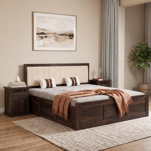 Image of SONA ART & CRAFTS Veronica Solid Sheesham Wood Bed Queen Size with Storage Box | Wooden Bed Queen Size Cot | Upholstered Beds | Double Bed with Storage Box - Walnut Finish