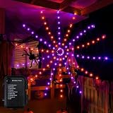 Ollny Spider Web Decoration 6.6FT 126 LED, Orange and Purple Halloween Lights with Black Spider Battery Powered 8 Modes Timer, Waterproof Cobweb String Light for Outdoor Indoor House Yard Party
