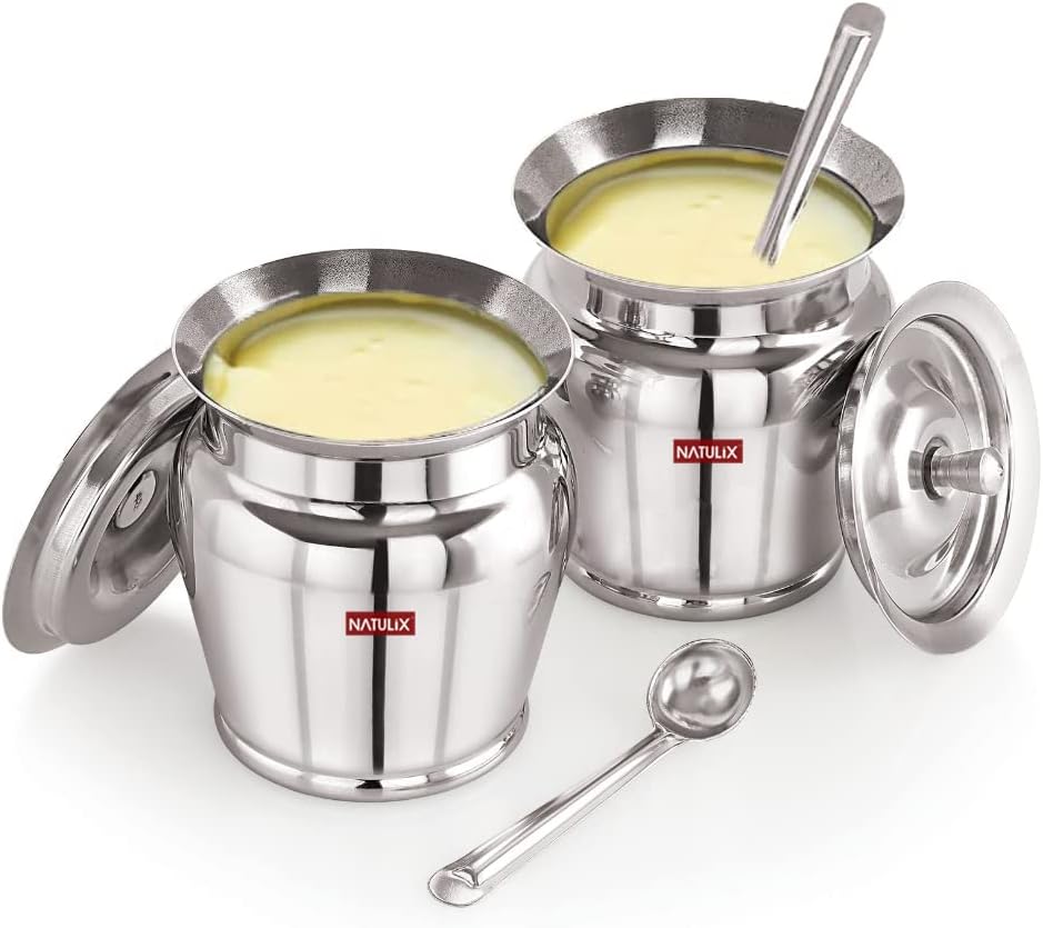 NATULIX Stainless Steel Ghee Pot | Oil Pot | Ghee Pot with Spoon and Lid | 400ml | Silver | 400ml | Pack of 2