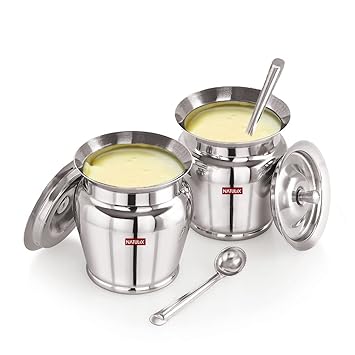 NATULIX Stainless Steel Ghee Pot | Oil Pot | Ghee Pot with Spoon and Lid | 400ml | Silver | 400ml | Pack of 2