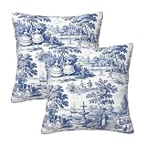 EOFEULANG Blue White Toile Throw Pillow Covers 18x18 Set of 2 Vintage French Country...